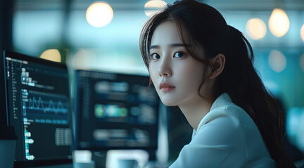 Aufkleber - Korean woman sitting at a modern desk, working on a computer. Generative AI.