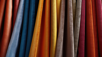 Aufkleber - A rainbow of solid color fabric samples, close-up of different textures and finishes from smooth cotton to plush velvet. Generative AI.