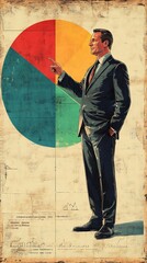 Poster - A businessman in a suit stands in front of a pie chart and points to a section. He is confident and successful.