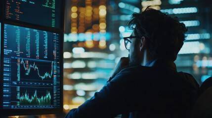 Poster - Man Contemplating Stock Market Data on a Screen at Night