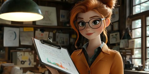 Poster - A cartoon woman with red hair and glasses smiles while reviewing a clipboard of graphs and charts in a workshop.