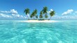 Serene tropical island with lush palms surrounded by crystal-clear turquoise water and a bright blue sky, perfect for relaxation.