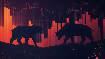 Poster - Infographic Depicting the Bull Versus Bear Market Concept with Silhouetted Wildlife Figures Representing the Opposing Market Trends and Investor Sentiments