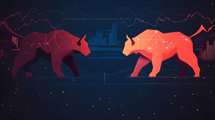 Poster - Detailed infographic depicting the confrontation and contrast between the bull and bear market trends, set against a dynamic cityscape skyline and cosmic background.