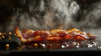 Crispy Bacon Sizzling and Steaming on a Black Surface