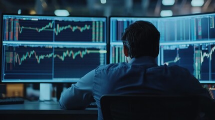 Poster - A Man Analyzing Financial Data on Multiple Monitors