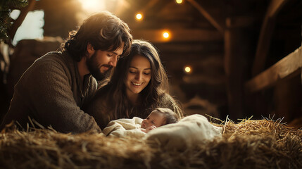 A serene Christmas nativity scene with Mary and Joseph tenderly gazing at baby Jesus lying in a humble manger