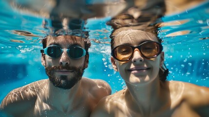 A man and a woman are smiling at the camera while underwater