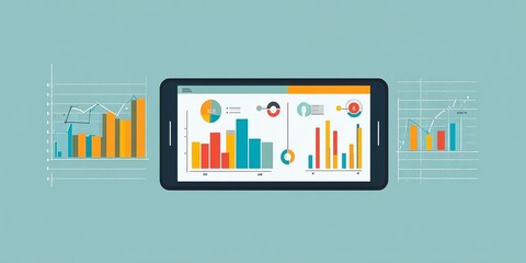 Fototapete - a flat design illustration of a smartphone displaying various colorful charts and graphs, showing da