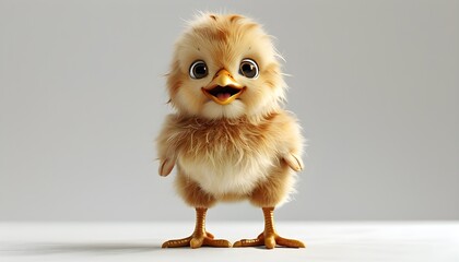 Fluffy baby chick with soft feathers and cheerful expression depicted in vibrant 3D on a clean white canvas