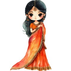 Canvas Print - Watercolor Illustration of a Cute Girl in a Traditional Indian Sari.