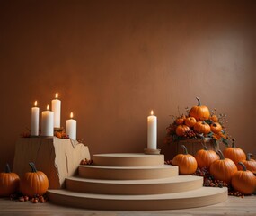 A Halloween-themed orange design podium with candles and pumpkins