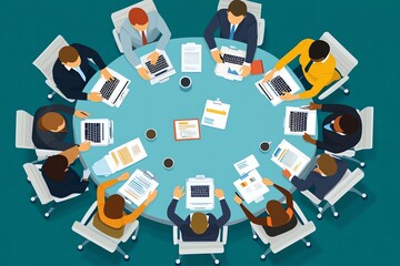 Poster - A group of diverse business people sit around a table during a meeting.