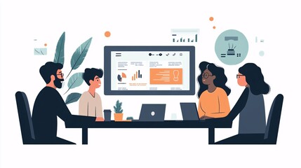 Poster - Illustration of a video conference with business colleagues brainstorming ideas, rendered in a clean, minimalist vector style.