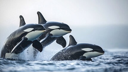 three orcas leap from the ocean surface, their sleek black and white bodies silhouetted against the 