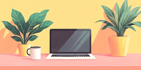 A laptop, a cup of coffee, and two plants on a pink table with a yellow wall.