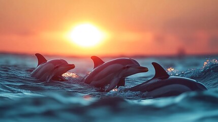 Three dolphins swim in the ocean at sunset.