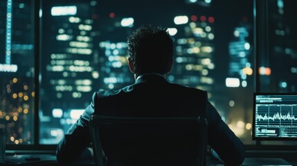 Poster - A Man in a Suit Sitting in a Dark Office at Night Looking Out a Window at City Lights