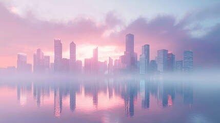 A modern city skyline bathed in soft pink light at sunrise, with misty reflections on calm water creating a serene atmosphere.