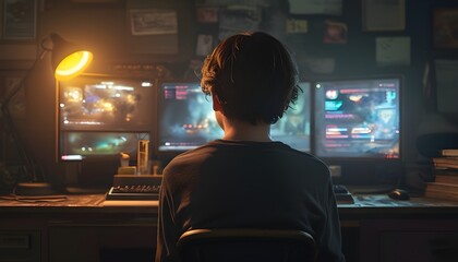 Wall Mural - Immersive gaming environment highlighting the risks of addiction, depicting a boy absorbed in a dark room illuminated by a computer screens glow