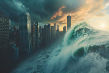 Generative ai on theme of a scary tsunami with huge foamy wave, apocalyptic dramatic background