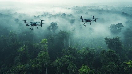 AI-enhanced drones monitoring environmental conservation efforts: Drones flying over forests, tracking wildlife and deforestation patterns.