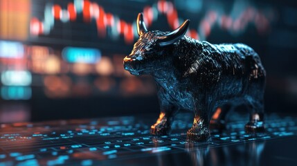 Poster - A Metallic Bull Statue Stands on a Digital Stock Market Display