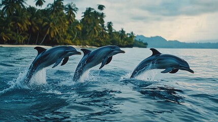 Wall Mural - a pod of three dolphins leaping out of the water in unison, their sleek bodies catching the sunlight