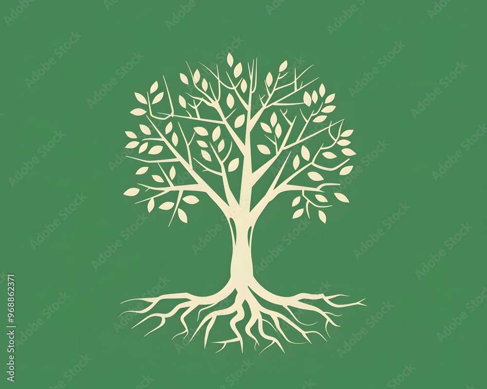 Green floral vector illustration of a tree with roots and leaves ...