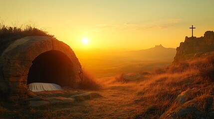 The entrance of an empty tomb bathed in the warm glow of sunrise, with the burial shroud left behind, and the crucifixion crosses faintly visible on a hill