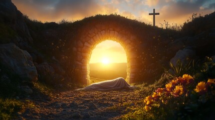 The entrance of an empty tomb bathed in the warm glow of sunrise, with the burial shroud left behind, and the crucifixion crosses faintly visible on a hill