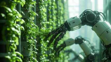 AI-enhanced farming robots planting crops in vertical farms: Robotic arms tending to plants growing on skyscrapers.