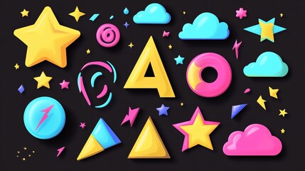 Poster - colorful abstract geometric shapes and elements on a dark background in a playful design
