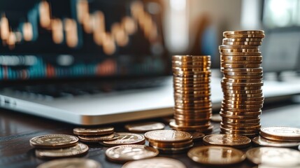 Poster - The concept of Return on Investment in a business context. professional desk setup with stacks of coins arranged in ascending order, symbolizing growing profits. Include laptop with financial graphs.
