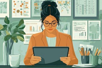 Poster - A woman sitting at a desk in front of a laptop, surrounded by papers and charts.