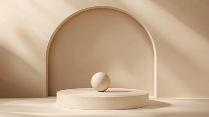 Poster - minimalist design featuring a beige sphere on a circular pedestal in a serene, light-filled space wi