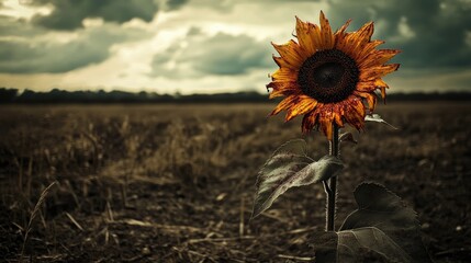 Poster - A single bloodstained sunflower, its petals torn yet unbroken, in a barren field, symbolizing the courage to fight even when it hurts.