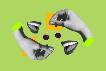 Poster - Creative collage 3d hands body fragments woman mouth face smile cherry berry delicious food feed eat hunger yummy surreal concept