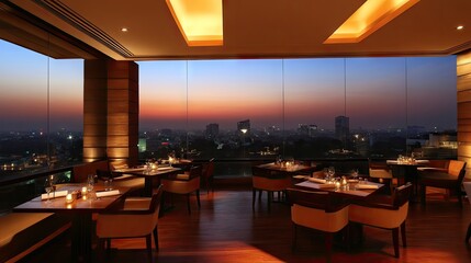 A variety of Indian food in a chic restaurant, set against a backdrop of the citya skyline, fusing the vibrancy of Indian cuisine