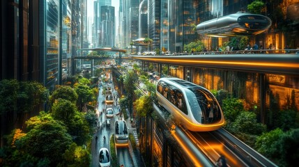 Futuristic Cityscape with Elevated Transportation System