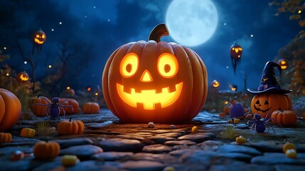 Wall Mural -  3D Halloween pumpkin with big, glowing eyes and a toothy grin, sitting among cartoonish gravestones and friendly ghosts under a starry sky