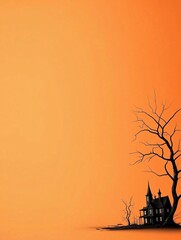 Poster - A haunted mansion, its tall spires silhouetted against an orange Halloween sky, surrounded by bare, skeletal trees. This minimalist design offers lots of copy space for messaging or branding.