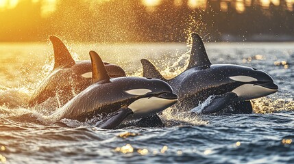 Wall Mural - three orcas leap from the water at sunset, creating a spray of water.