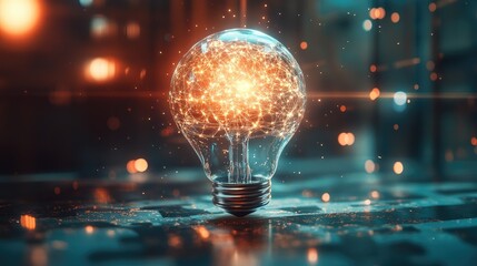 Fototapete - Brain and glowing light bulb surrounded by AI visuals, representing the intersection of creativity, intelligence,