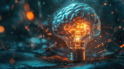 Fototapete - Brain and glowing light bulb surrounded by AI visuals, representing the intersection of creativity, intelligence,