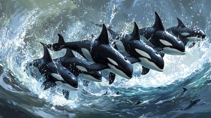 Wall Mural - a pod of six orcas leaping out of the water in a synchronized formation, creating a spray of water a