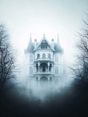 A misty evening scene with a dark, crumbling mansion at its center, surrounded by bare trees and eerie shadows, perfect for Halloween architecture. The vertical aspect provides ample copy space.