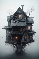 Poster - An ominous haunted house with a dark, broken rooftop and flickering lanterns at the entrance, surrounded by fog. The composition includes plenty of copy space for text or Halloween design elements.