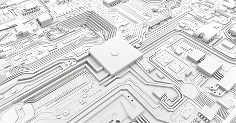 Poster - Circuit board pattern, white background, high-tech style, gray color tone, flat composition, geometric lines and shapes