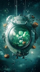 Poster - A haunted spaceship drifting through deep space, with glowing green ghosts and pumpkins floating outside the portholes, and stars twinkling in the distance. Ample copy space is available for text or